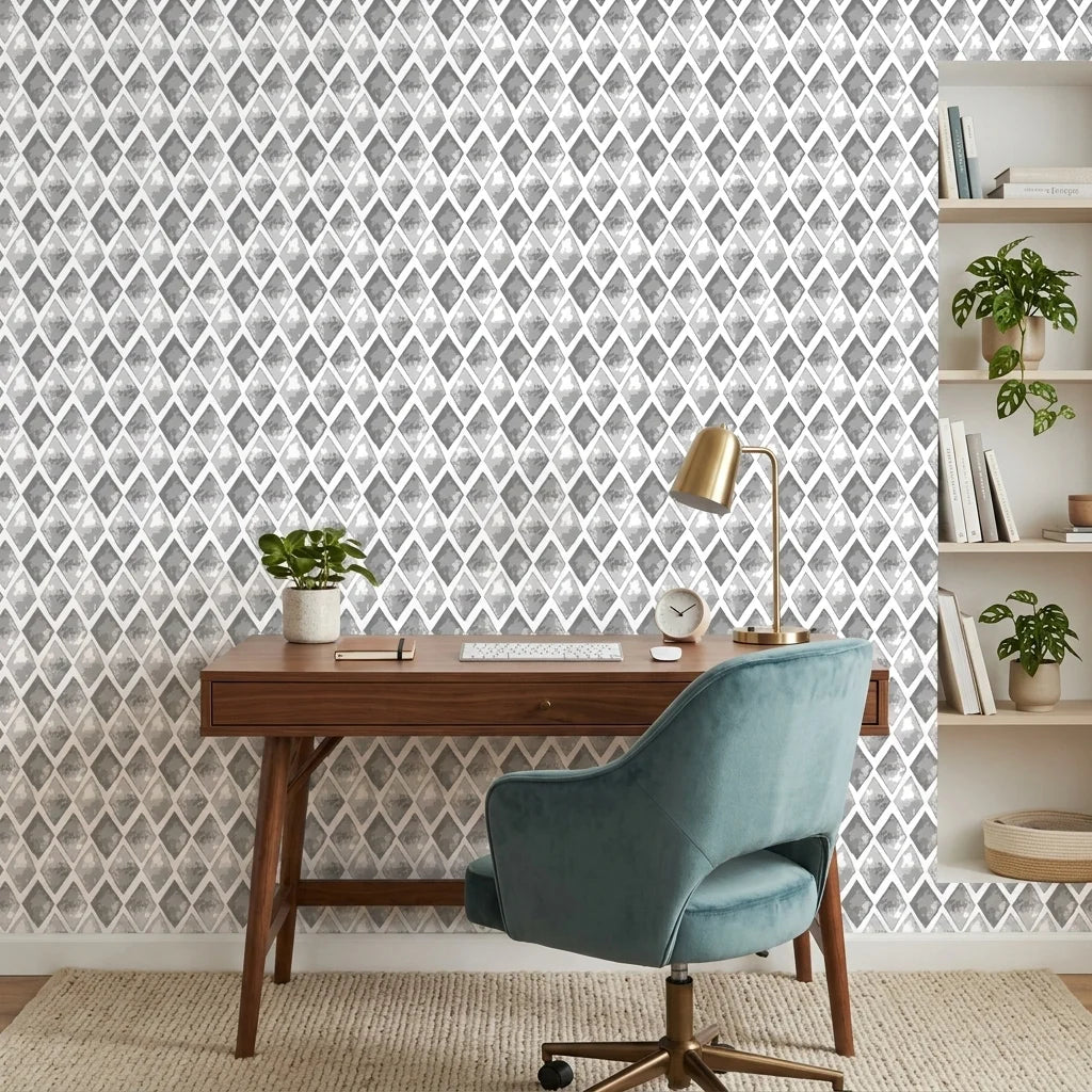 Mist & Stone grey geometric peel and stick wallpaper as a feature wall in a bright home office