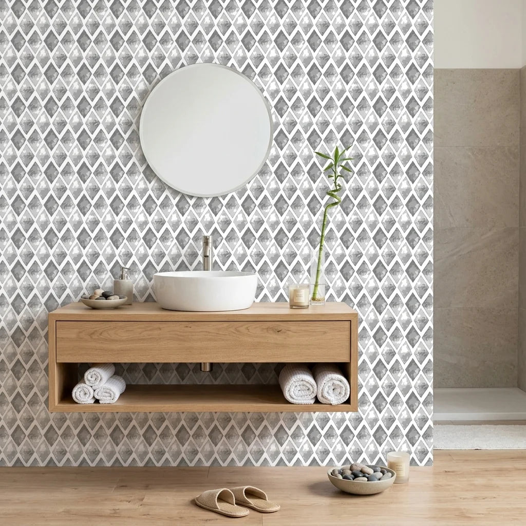 Mist & Stone grey geometric peel and stick wallpaper creating ambiance in a serene bathroom