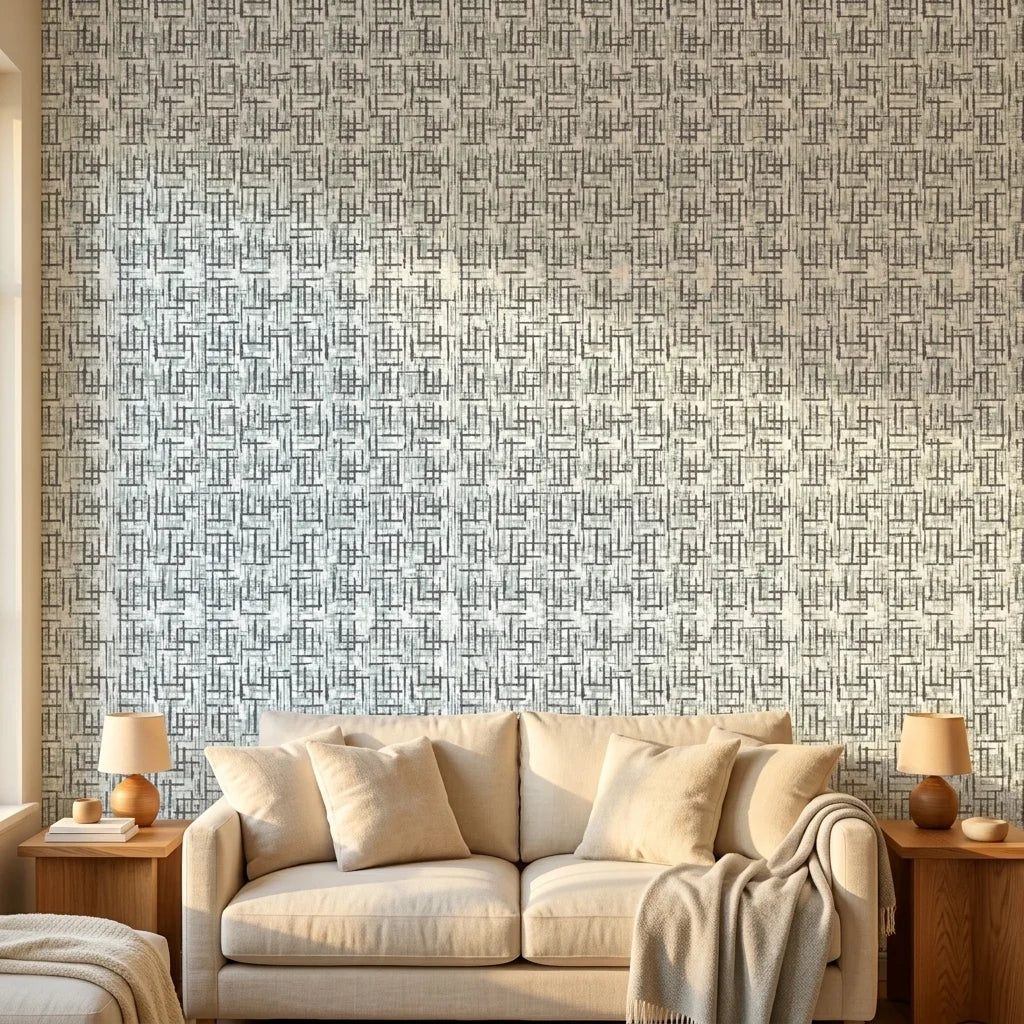 Misted Grid grey & blue abstract wallpaper in a warm and inviting living room