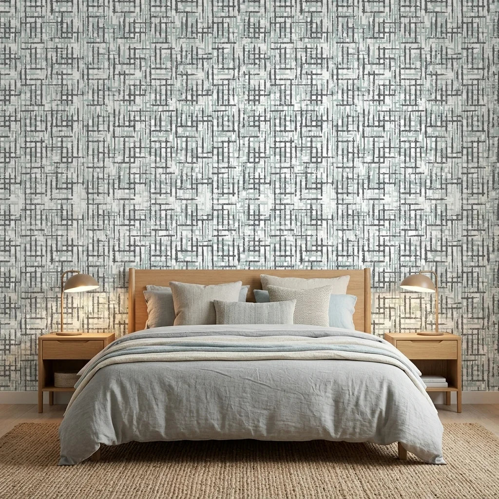 Misted Grid grey & blue abstract wallpaper adding character to a cozy bedroom
