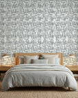 Misted Grid grey & blue abstract wallpaper adding character to a cozy bedroom