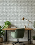 Misted Grid grey & blue abstract wallpaper as a feature wall in a bright home office