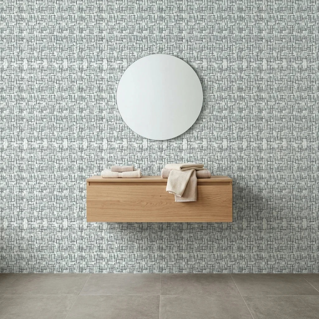 Misted Grid grey & blue abstract wallpaper creating ambiance in a serene bathroom