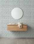 Misted Grid grey & blue abstract wallpaper creating ambiance in a serene bathroom