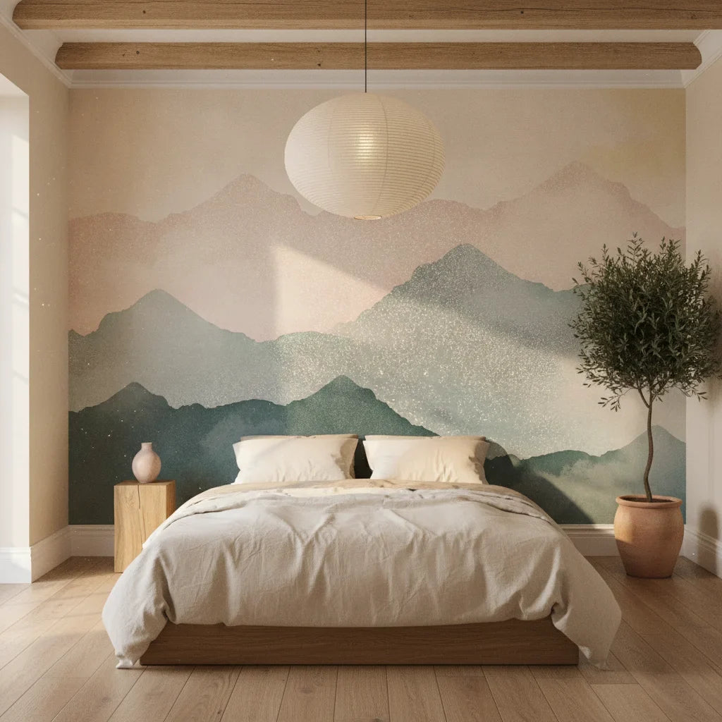 Misted Peaks blush pink and sage layered mountain in a warm and inviting living room