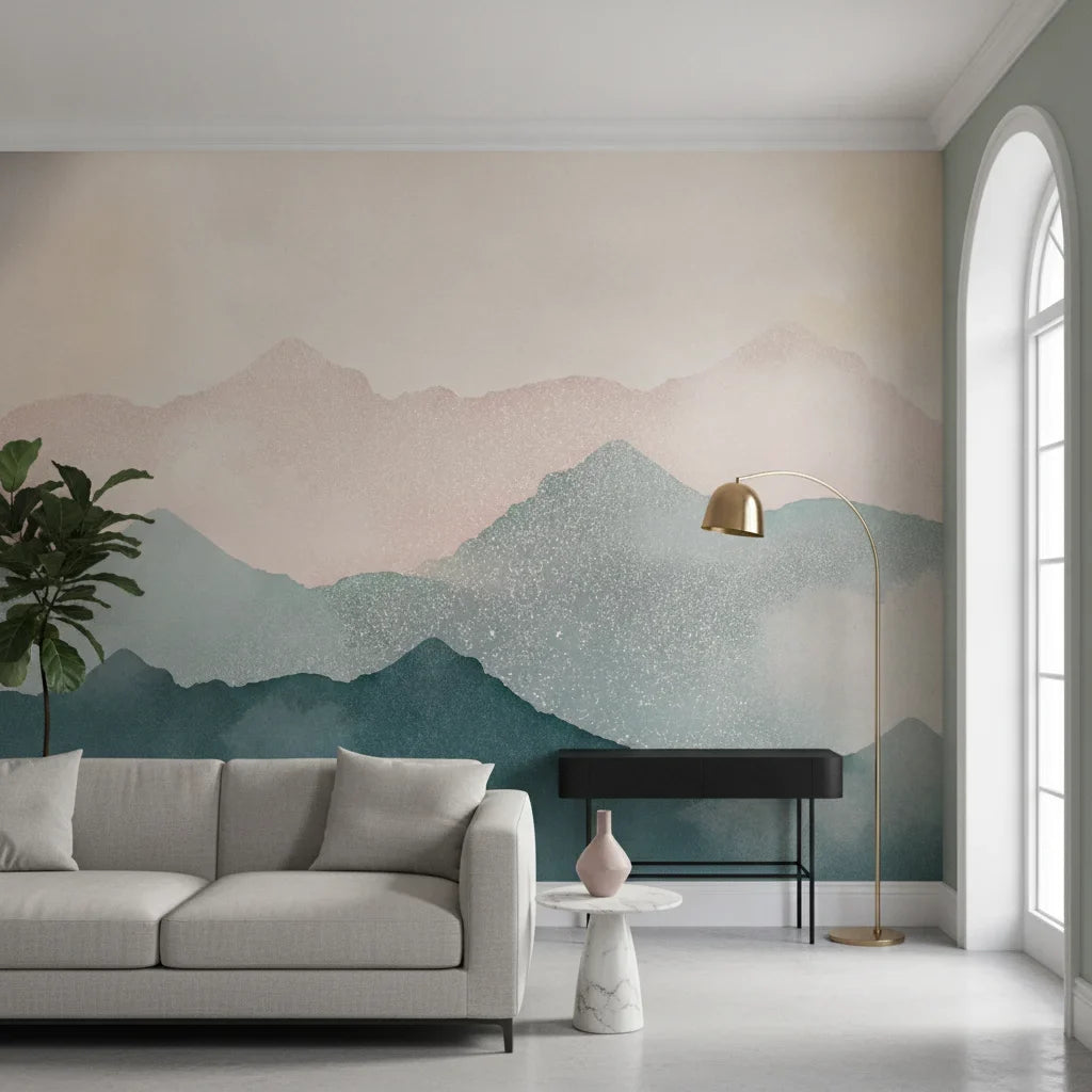 Misted Peaks blush pink and sage layered mountain adding character to a cozy bedroom