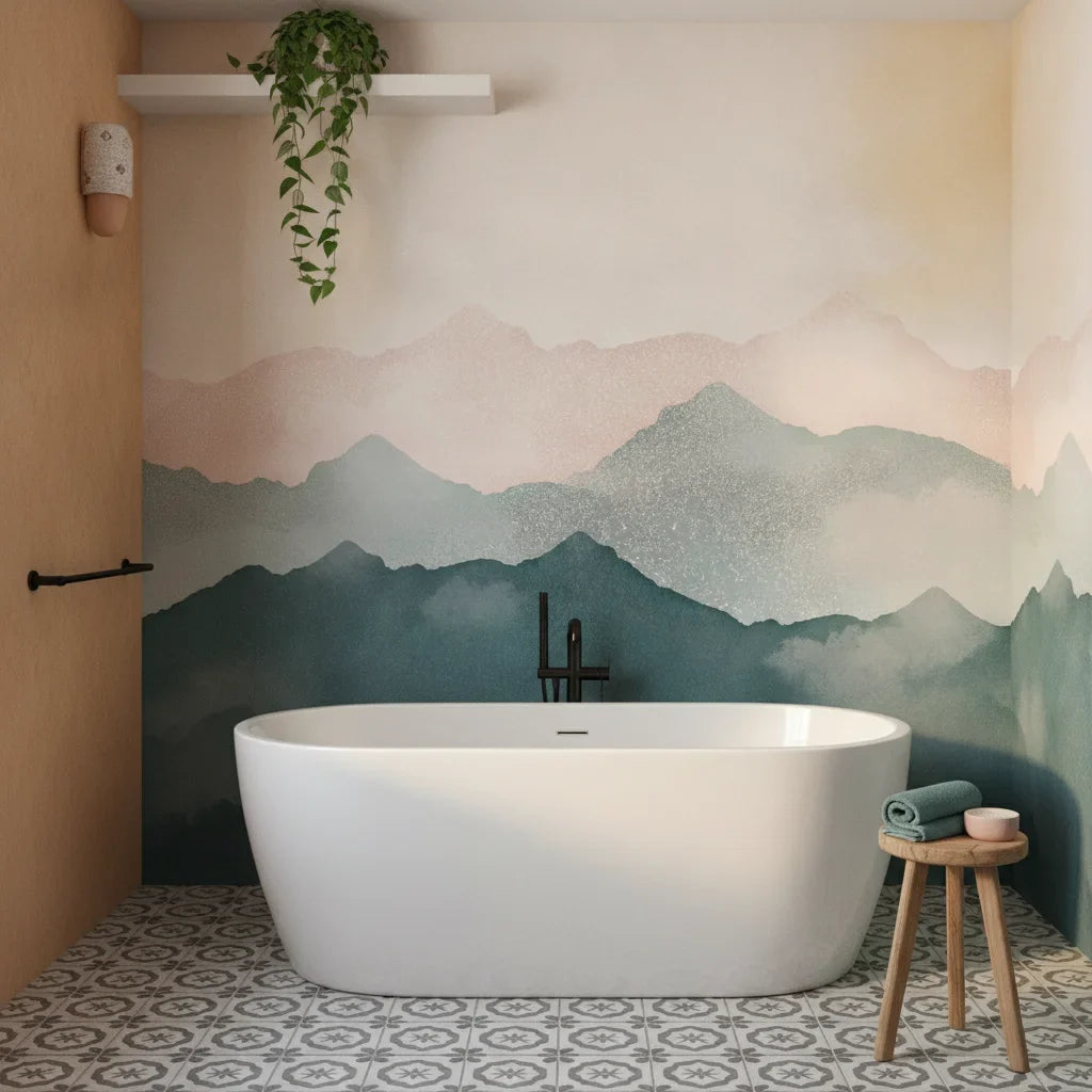 Misted Peaks blush pink and sage layered mountain as a feature wall in a bright home office