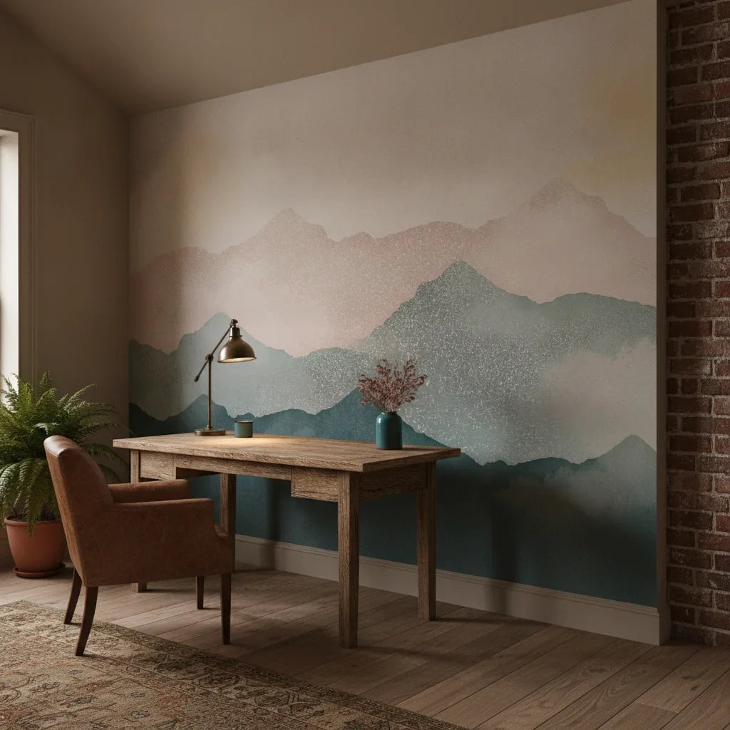 Misted Peaks blush pink and sage layered mountain creating ambiance in a serene bathroom