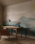 Misted Peaks blush pink and sage layered mountain creating ambiance in a serene bathroom
