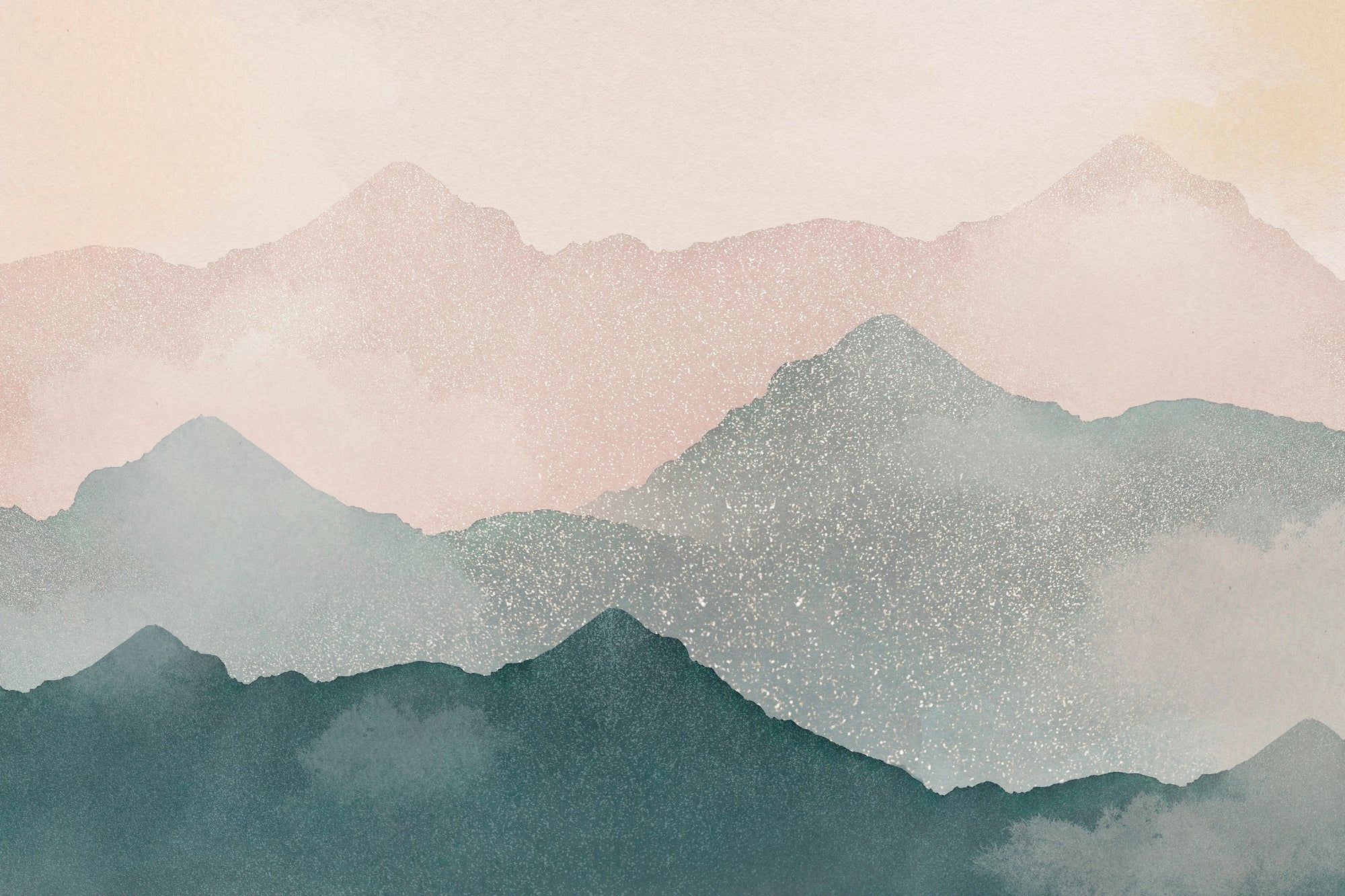 Soft pink and sage layered mountain peel and stick wallpaper - Misted Peaks
