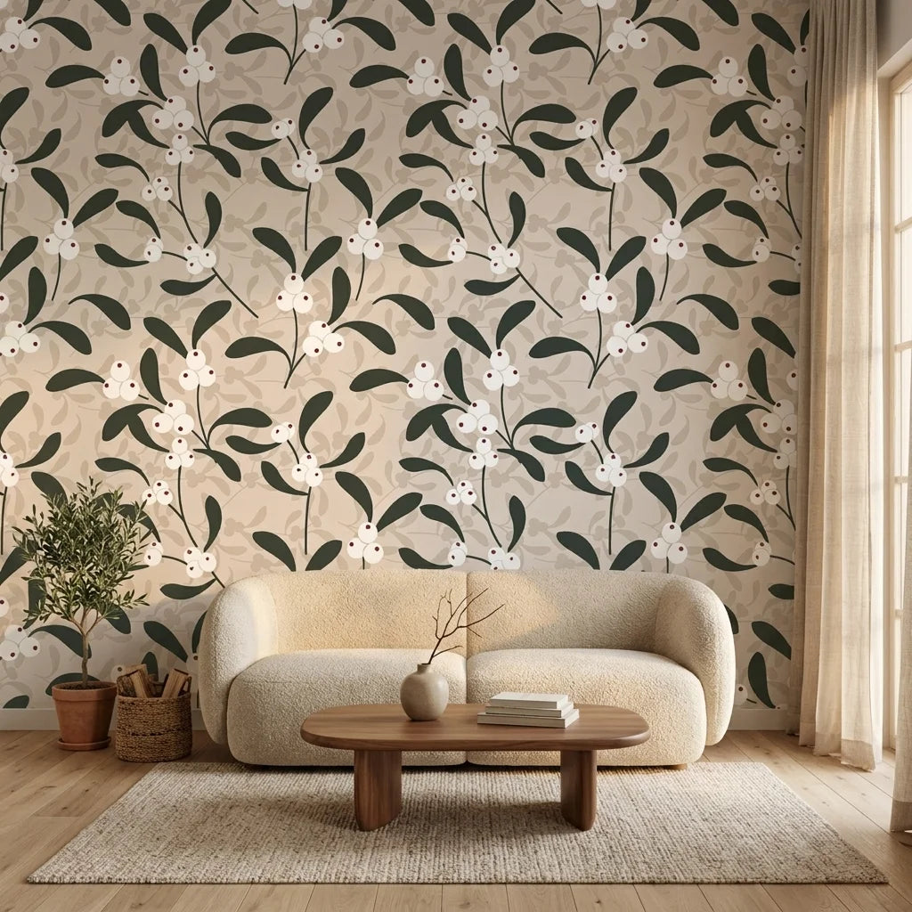 Mistletoe Trail neutral botanical peel and stick wallpaper in a warm and inviting living room