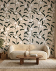 Mistletoe Trail neutral botanical peel and stick wallpaper in a warm and inviting living room