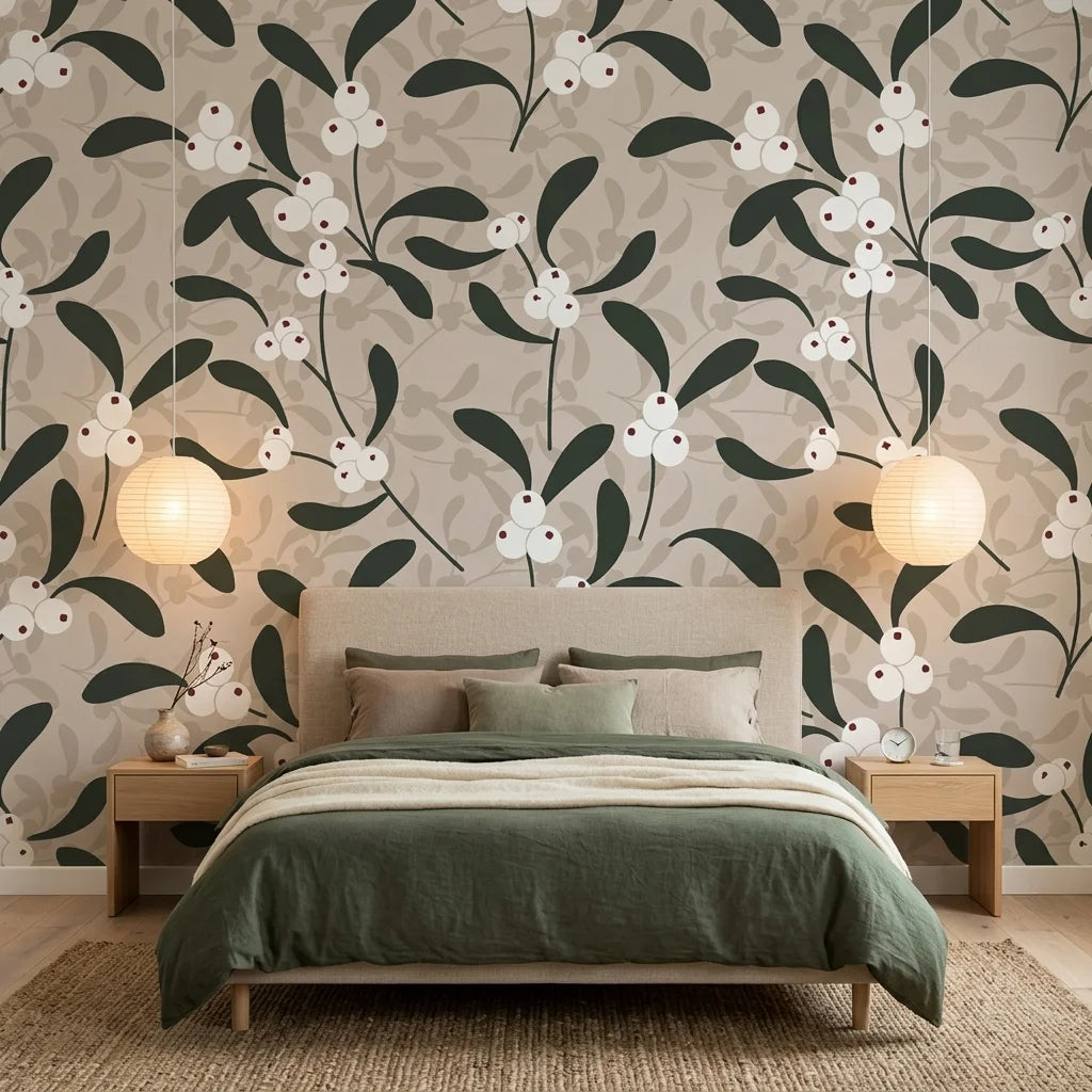 Mistletoe Trail neutral botanical peel and stick wallpaper adding character to a cozy bedroom