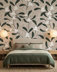 Mistletoe Trail neutral botanical peel and stick wallpaper adding character to a cozy bedroom