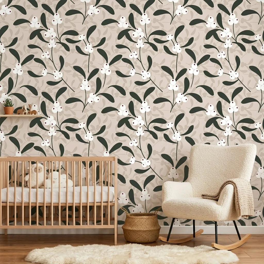 Mistletoe Trail neutral botanical peel and stick wallpaper as a feature wall in a bright home office