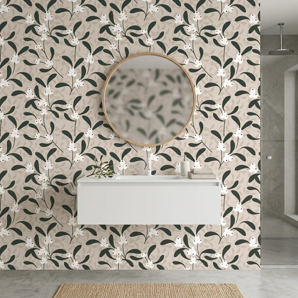 Mistletoe Trail neutral botanical peel and stick wallpaper creating ambiance in a serene bathroom