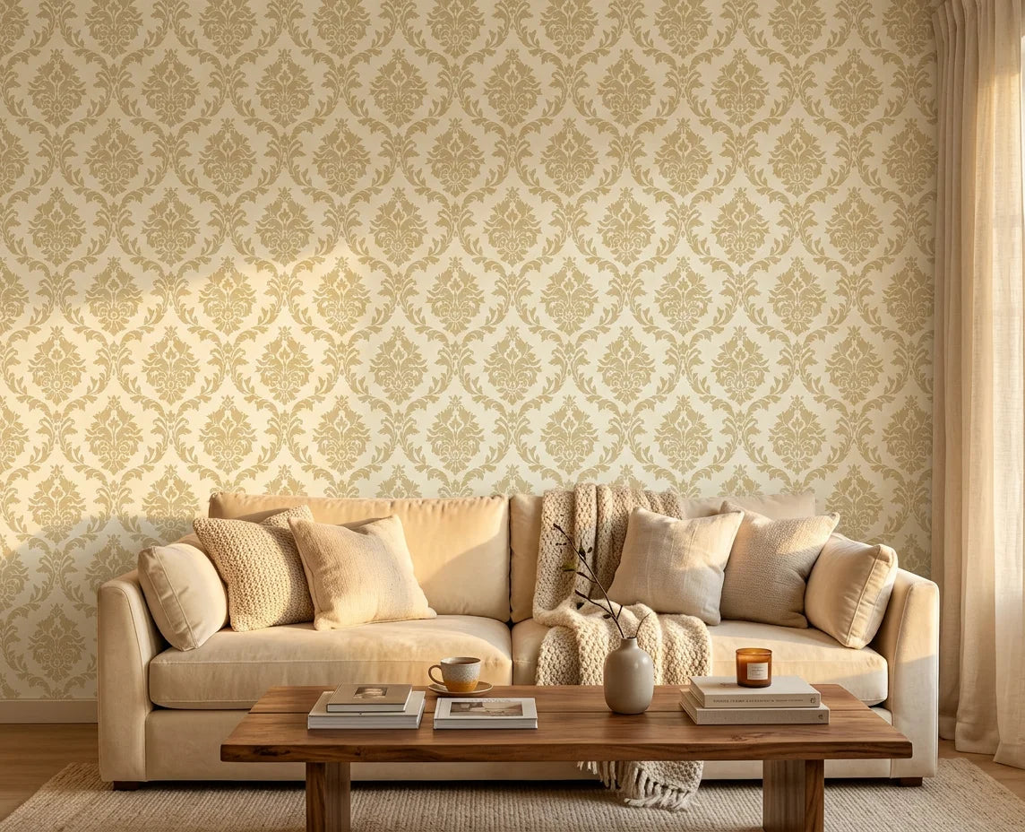 Misty Fern Romance soft gold damask wallpaper in a warm and inviting living room