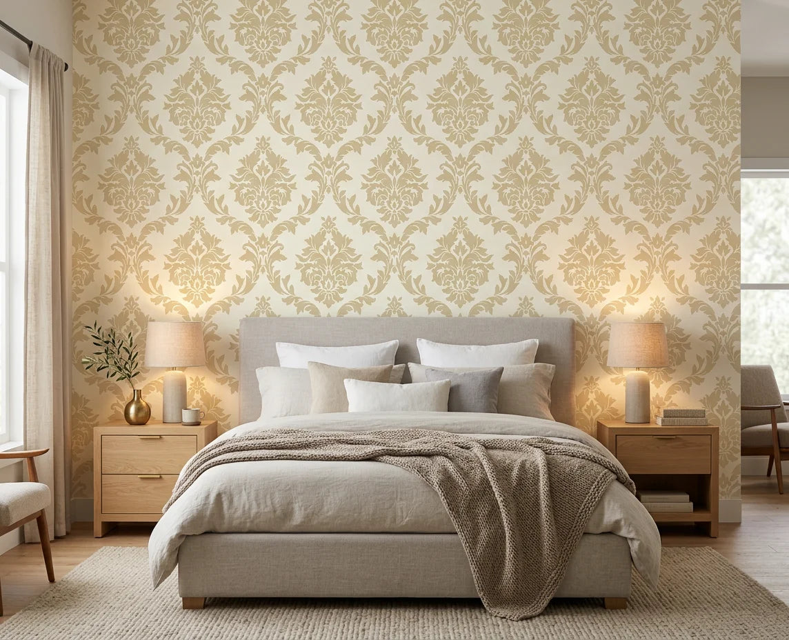 Misty Fern Romance soft gold damask wallpaper adding character to a cozy bedroom