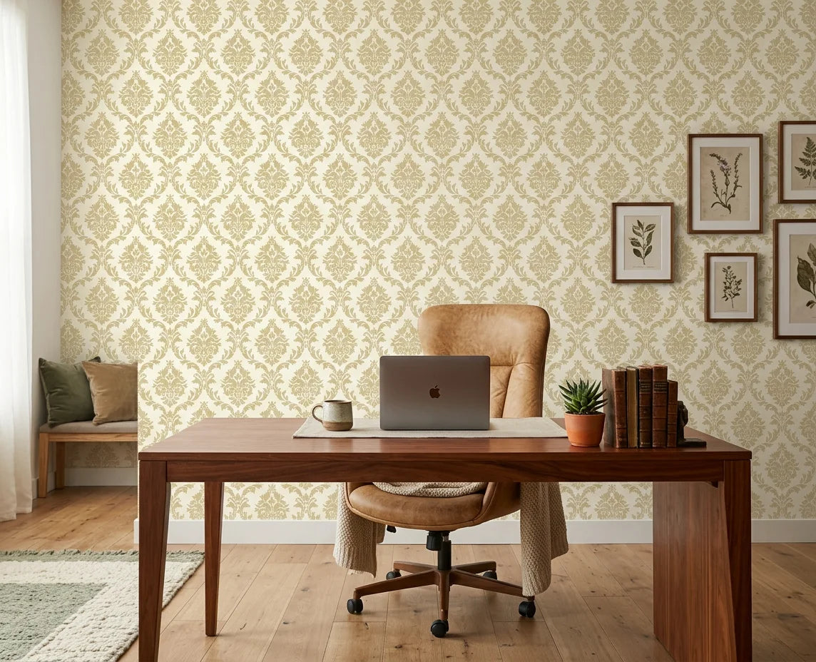 Misty Fern Romance soft gold damask wallpaper as a feature wall in a bright home office