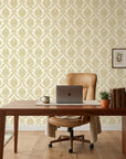 Misty Fern Romance soft gold damask wallpaper as a feature wall in a bright home office