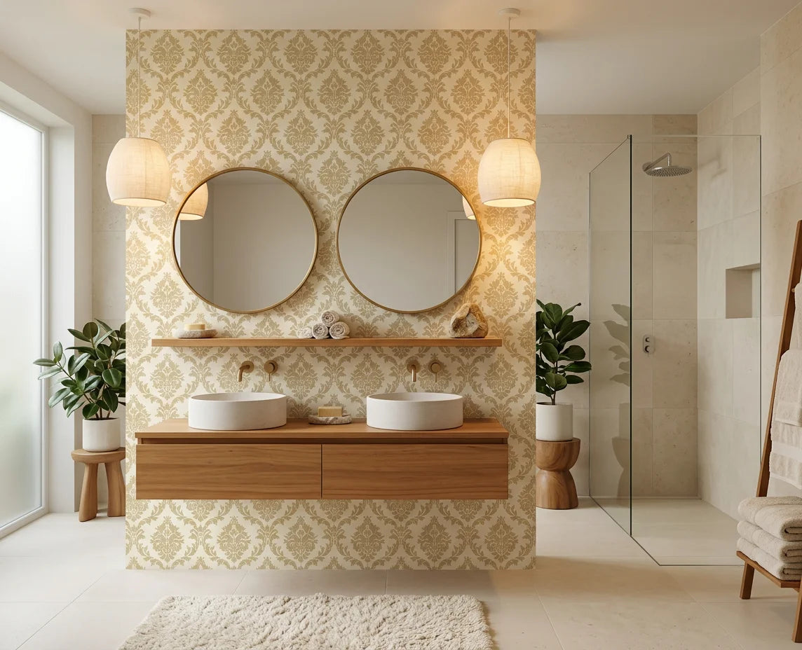 Misty Fern Romance soft gold damask wallpaper creating ambiance in a serene bathroom