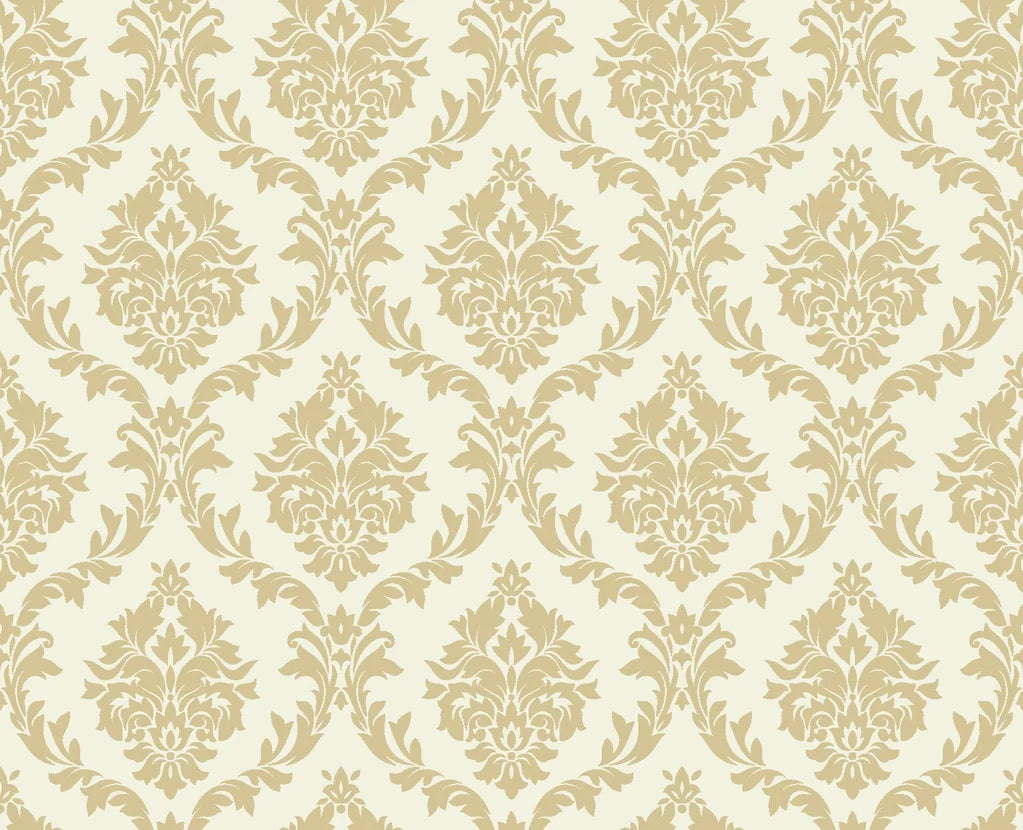 Classic gold damask wallpaper with ornate floral medallions on cream background in Misty Fern Romance pattern