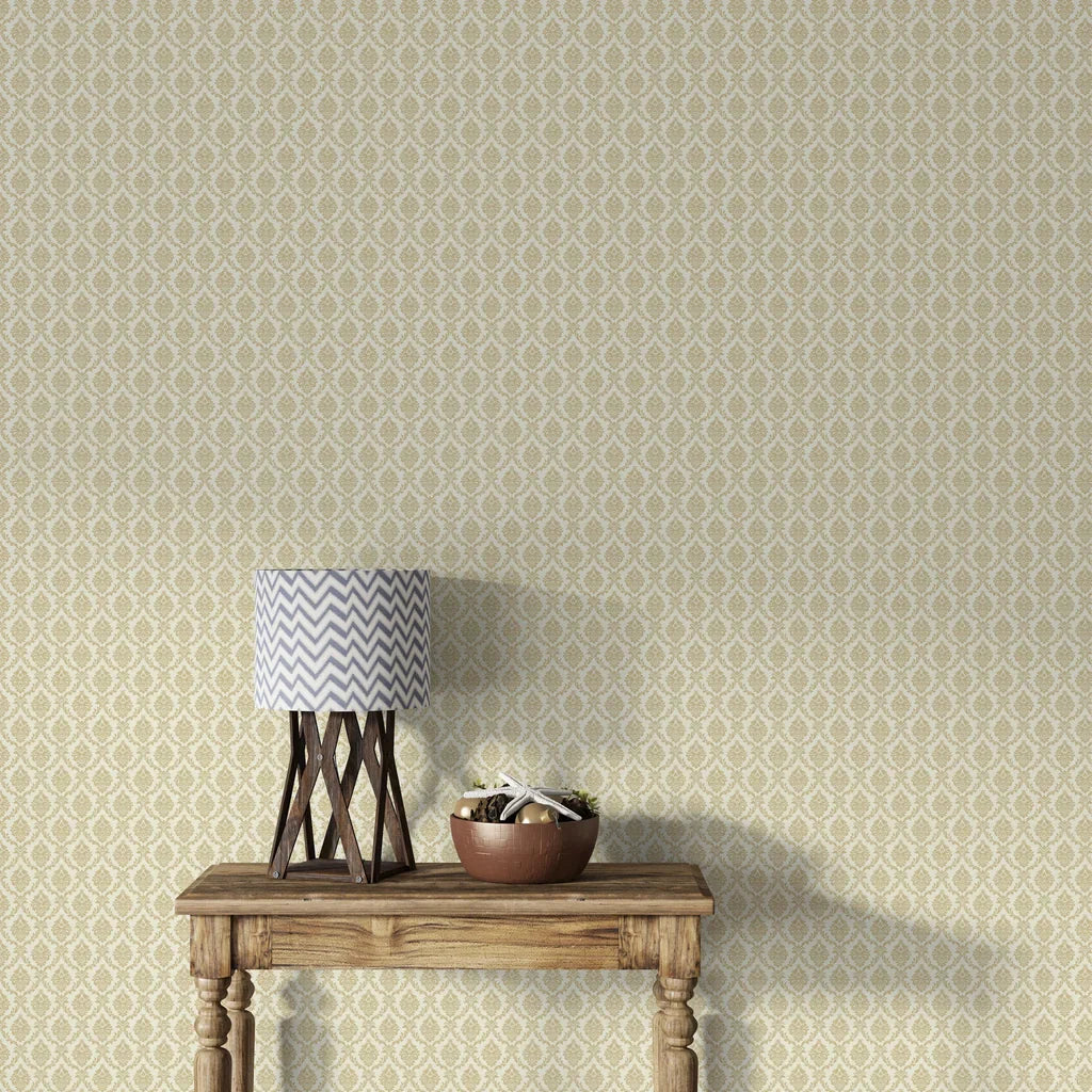 Gold and cream damask Misty Fern Romance wallpaper in traditional living room with wood console table