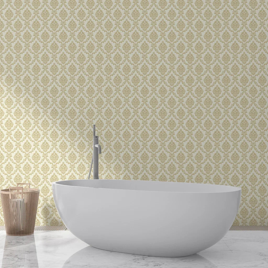 Gold and cream damask Misty Fern Romance wallpaper in elegant bathroom with freestanding tub