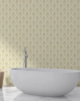 Gold and cream damask Misty Fern Romance wallpaper in elegant bathroom with freestanding tub