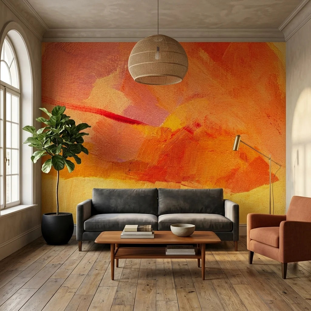 Canvas-like warm orange painterly abstract peel and stick wallpaper - Molten Hour