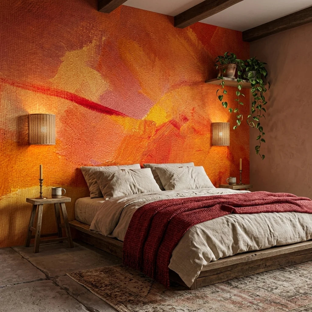 Molten Hour warm orange painterly abstract wallpaper in a warm and inviting living room