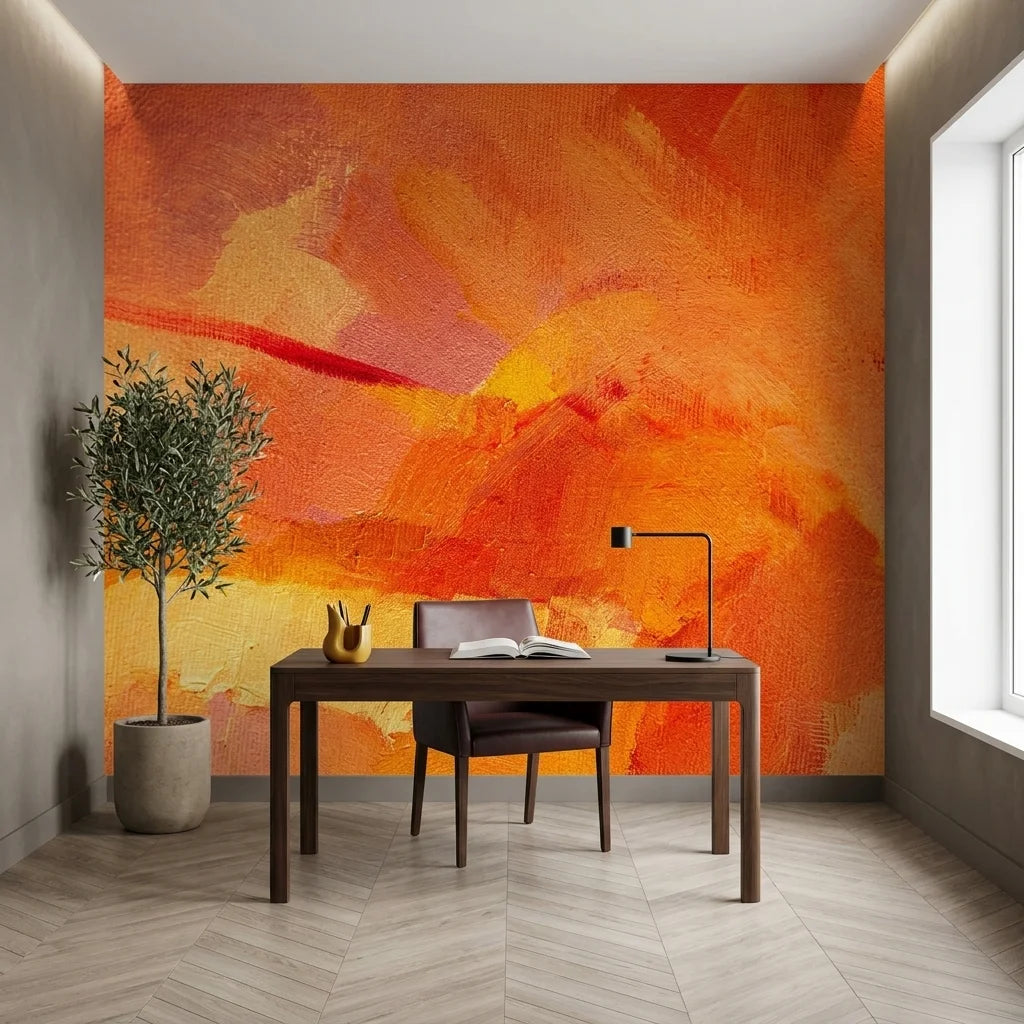 Molten Hour warm orange painterly abstract wallpaper adding character to a cozy bedroom