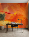 Molten Hour warm orange painterly abstract wallpaper adding character to a cozy bedroom