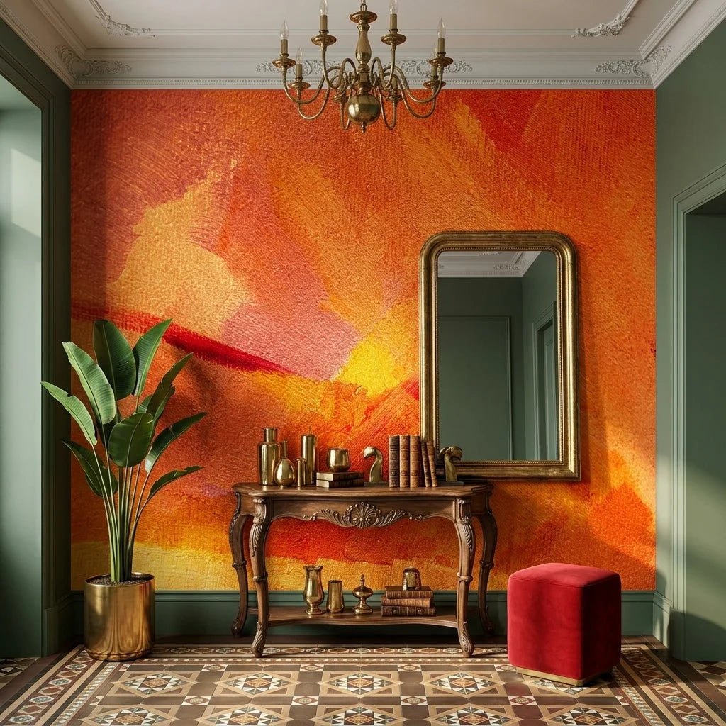 Molten Hour warm orange painterly abstract wallpaper as a feature wall in a bright home office