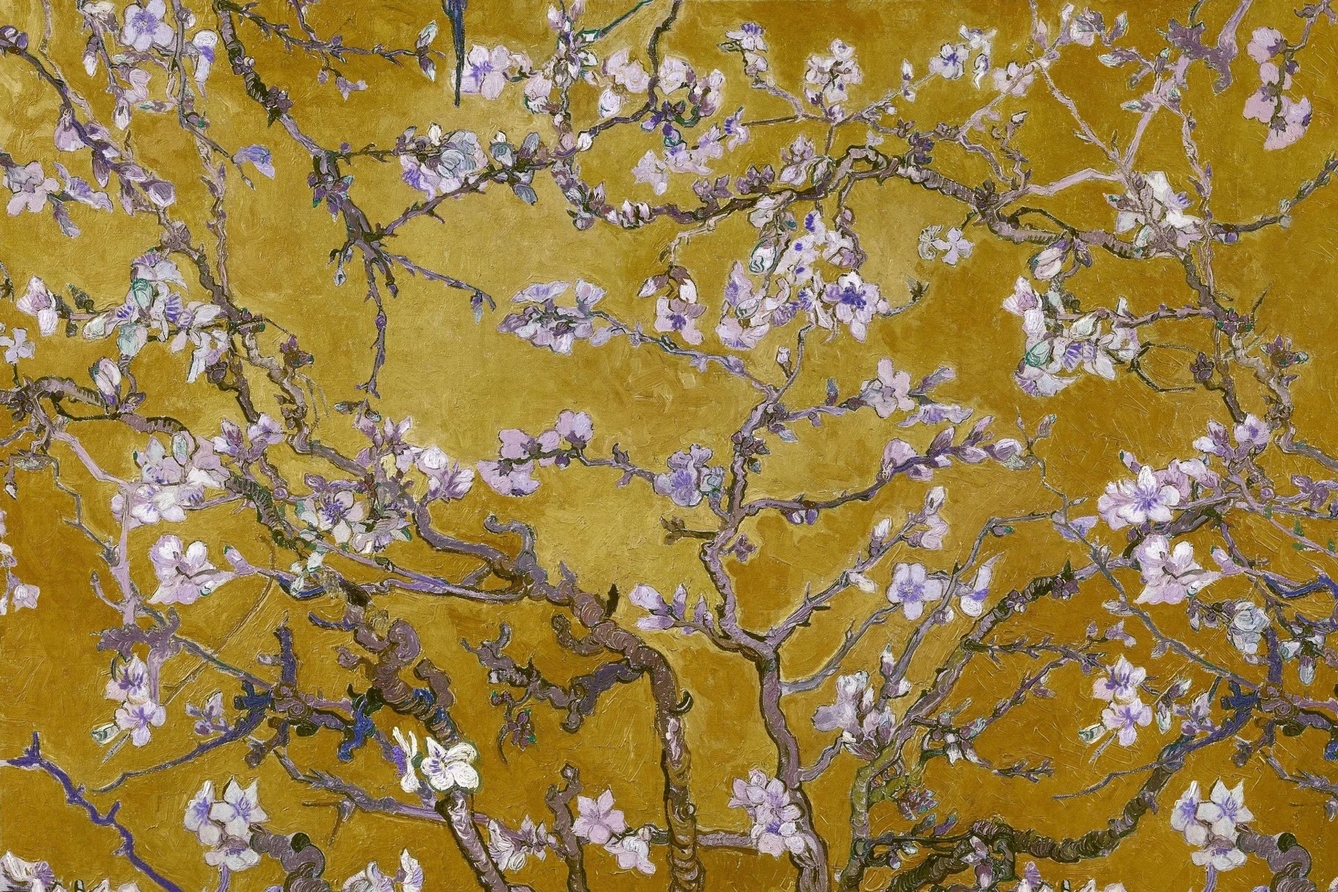 Impressionist Monet's Garden wallpaper with lavender blossoms on golden mustard background in painterly style