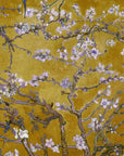 Impressionist Monet's Garden wallpaper with lavender blossoms on golden mustard background in painterly style