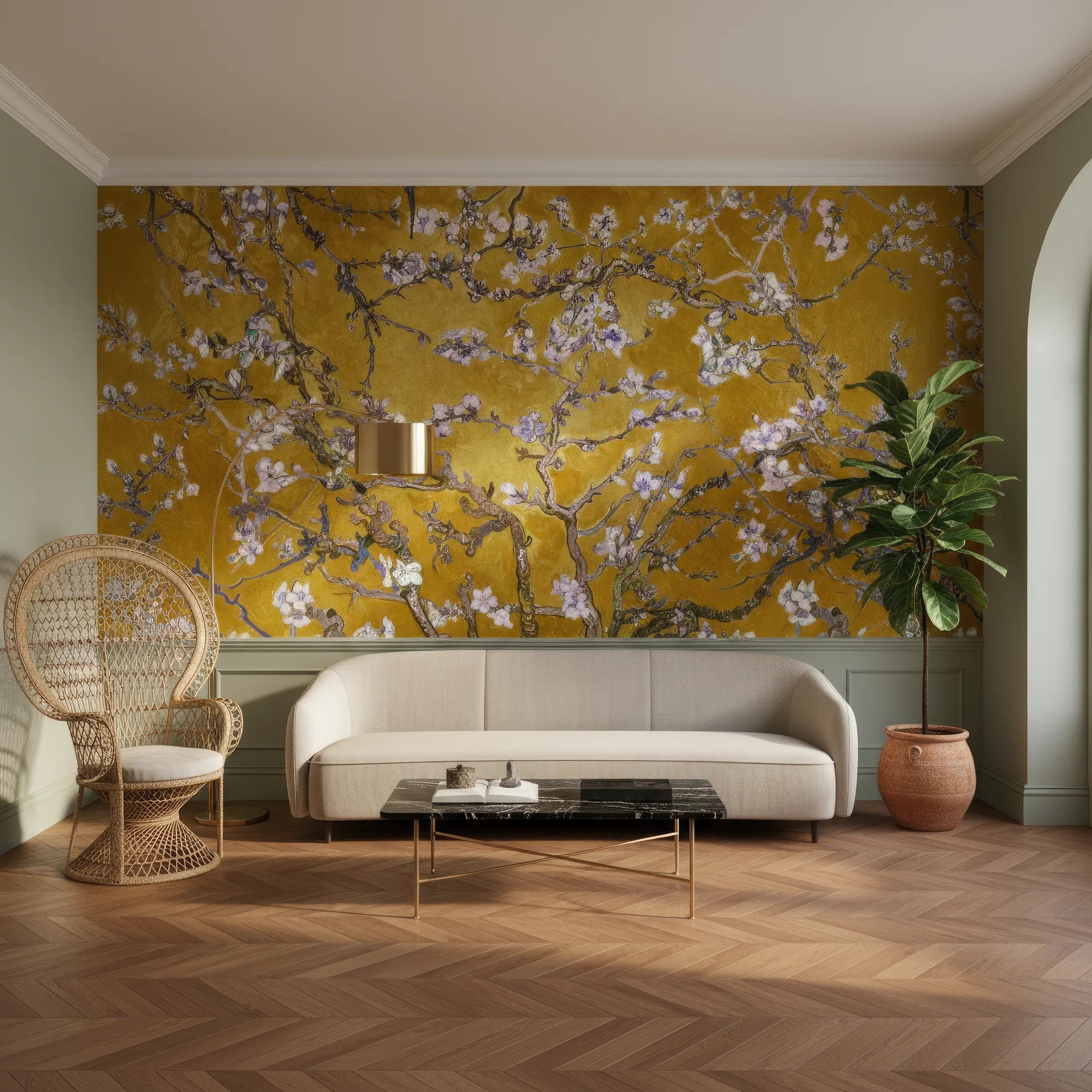 Golden mustard Monet's Garden wallpaper with white cherry blossoms on living room accent wall