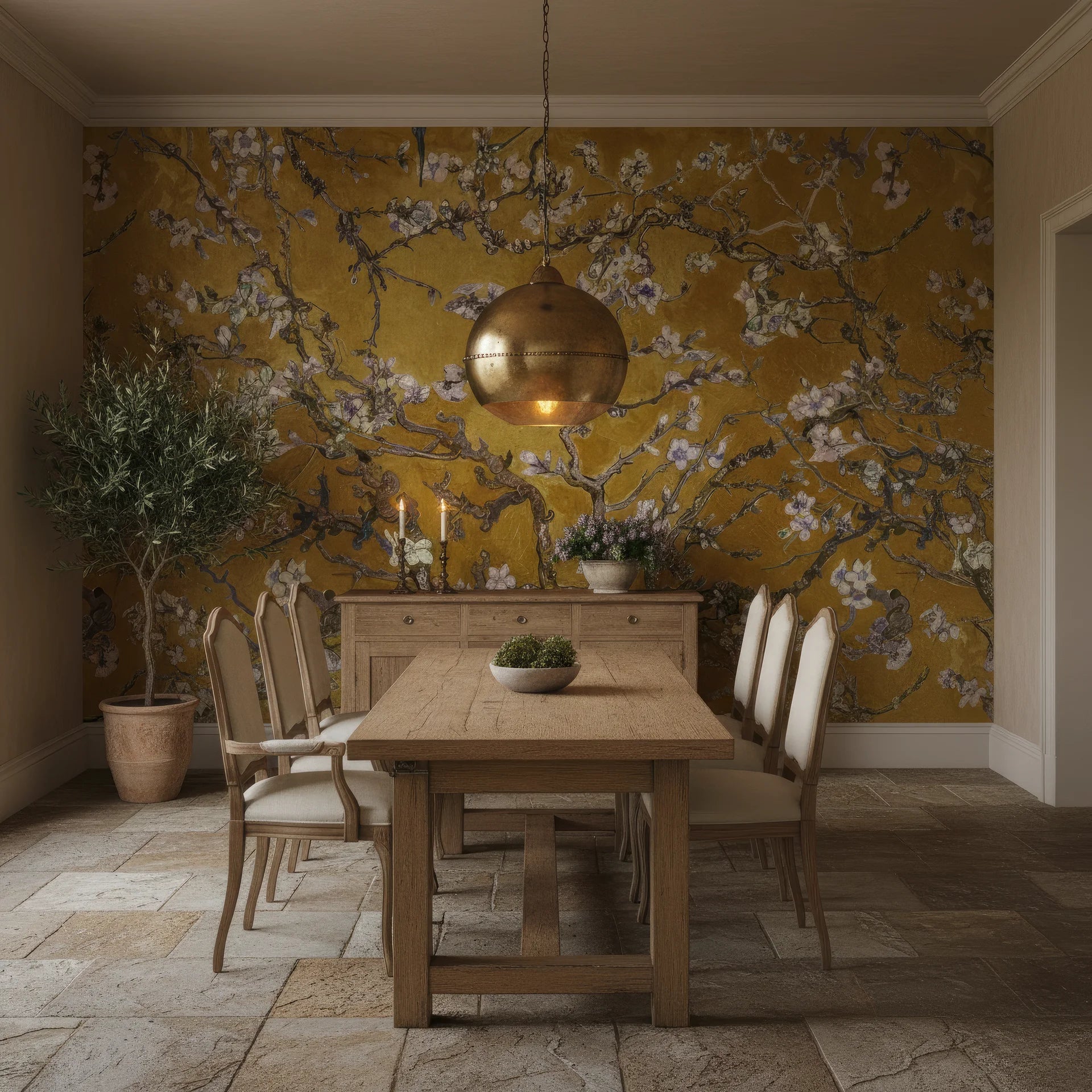 Monet's Garden wallpaper with golden yellow background and white cherry blossoms in elegant dining room