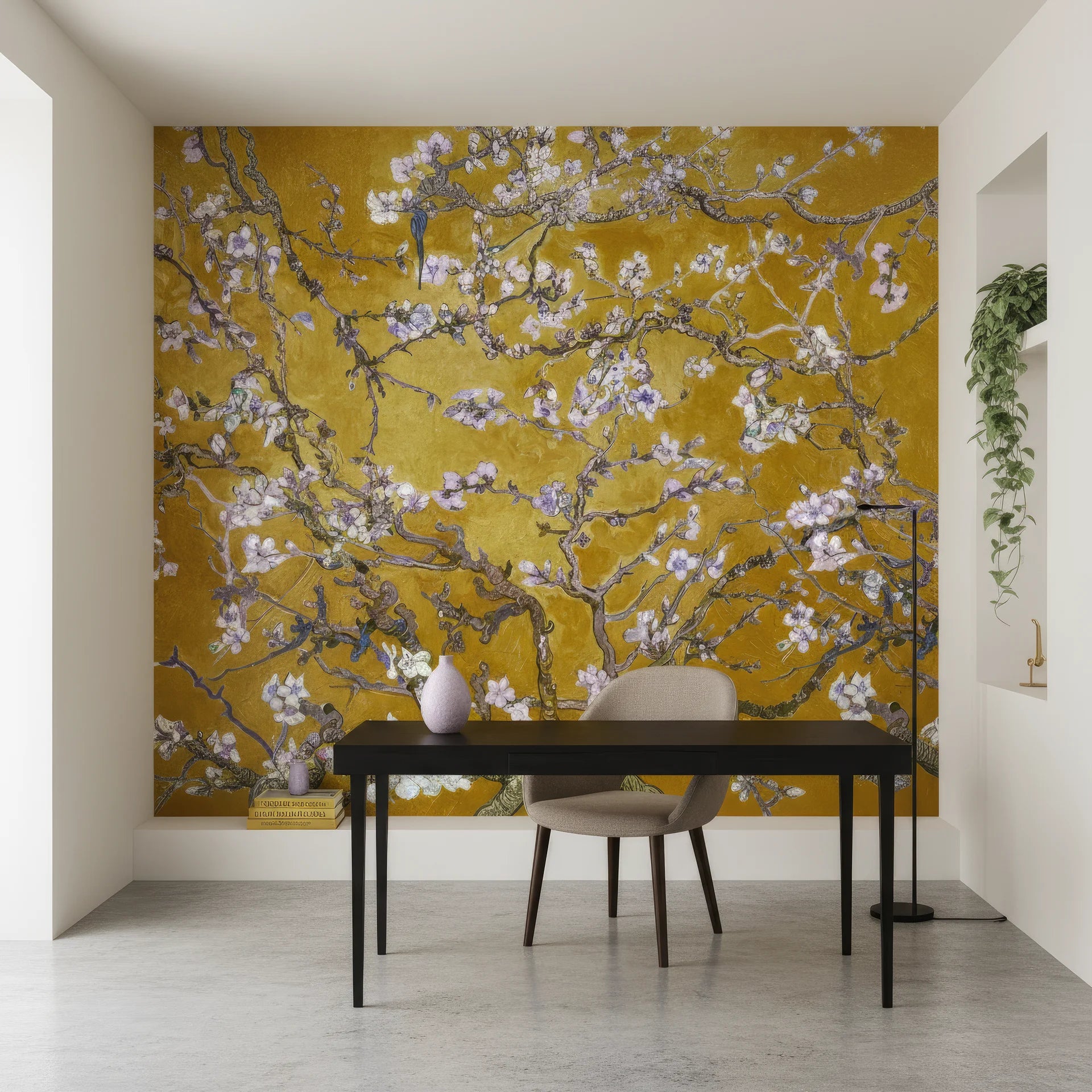 Golden and lavender Monet's Garden peel and stick wallpaper featuring cherry blossom branches in minimalist office