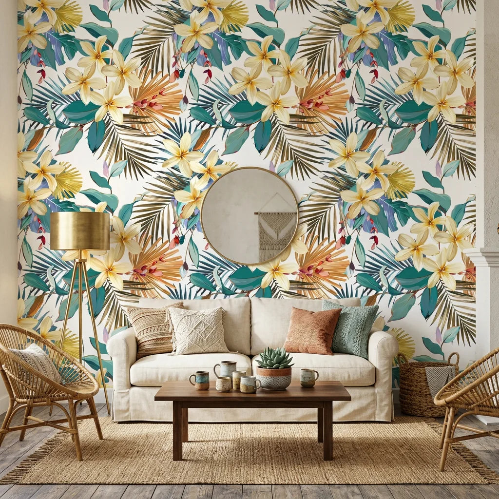 Moon Garden elegant tropical floral in a warm and inviting living room