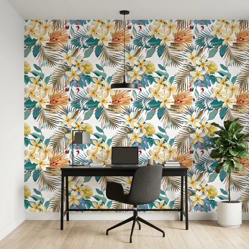 Moon Garden elegant tropical floral as a feature wall in a bright home office