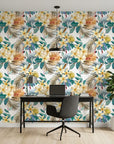 Moon Garden elegant tropical floral as a feature wall in a bright home office