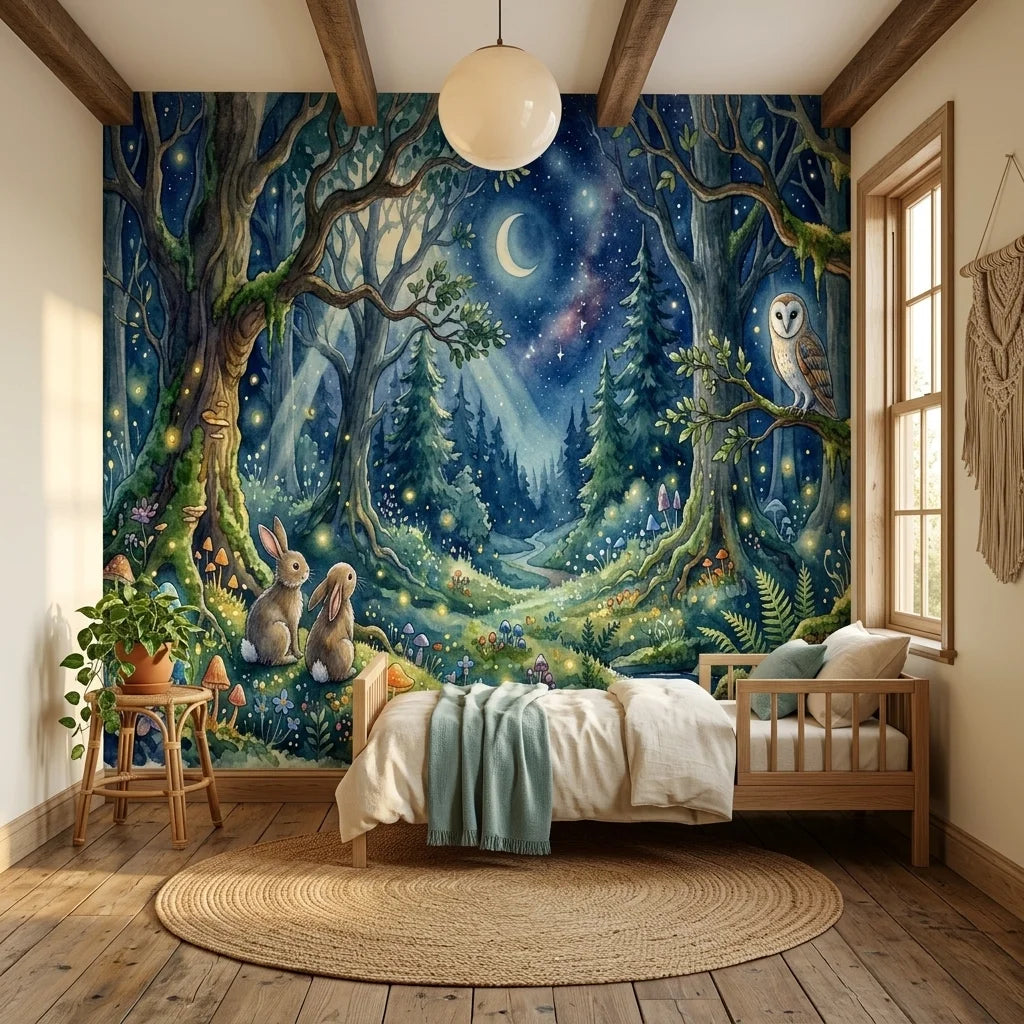 Enchanted forest Moonlit Woodland wallpaper with rabbits, owl, and starry night sky on bedroom accent wall