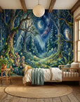 Enchanted forest Moonlit Woodland wallpaper with rabbits, owl, and starry night sky on bedroom accent wall