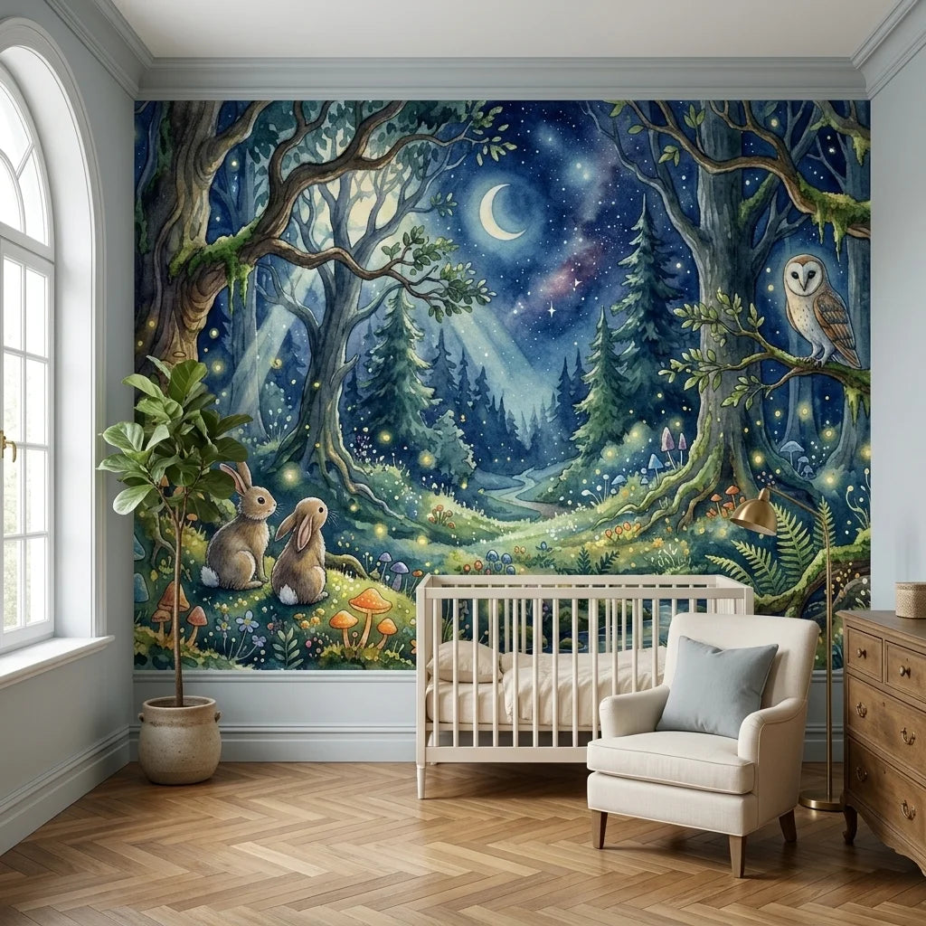 Enchanted forest Moonlit Woodland wallpaper with rabbits, owl, and starry night sky in nursery setting