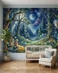 Enchanted forest Moonlit Woodland wallpaper with rabbits, owl, and starry night sky in nursery setting