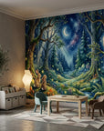 Moonlit Woodland removable wallpaper featuring enchanted forest with owl, rabbits, and fireflies in children's playroom