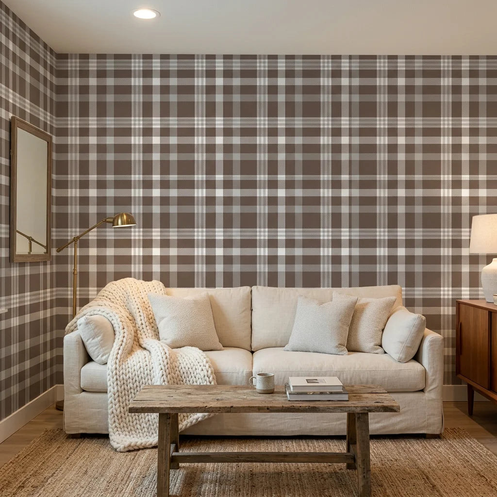 Moors &amp; Mist warm brown plaid check in a warm and inviting living room