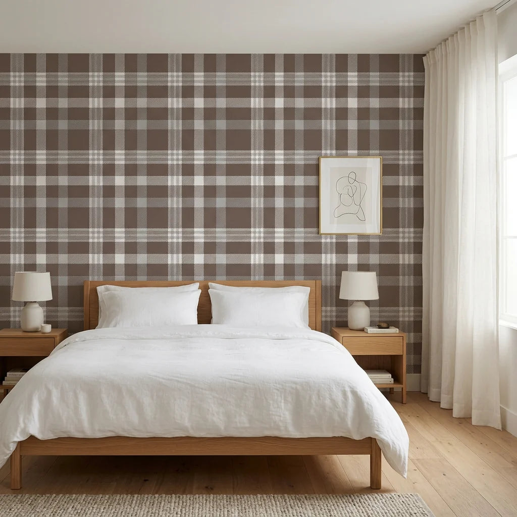Moors &amp; Mist warm brown plaid check adding character to a cozy bedroom