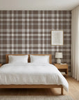 Moors & Mist warm brown plaid check adding character to a cozy bedroom